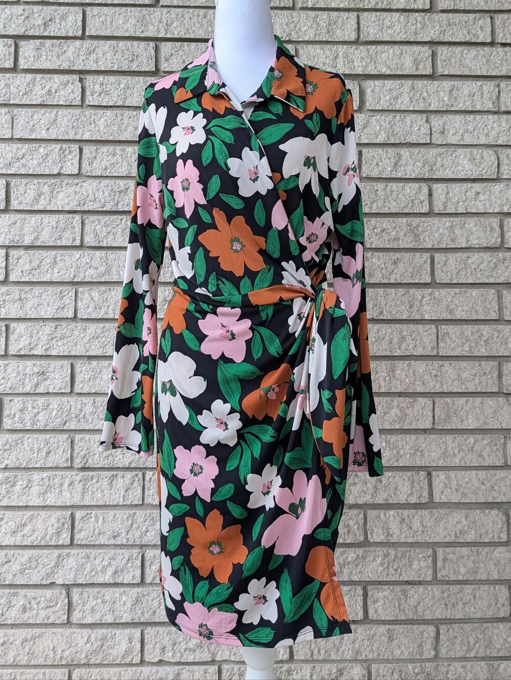 Wrap Dress Floral Donna Morgan Tie Waist Black Pink Green & Amber Size 12 EUC